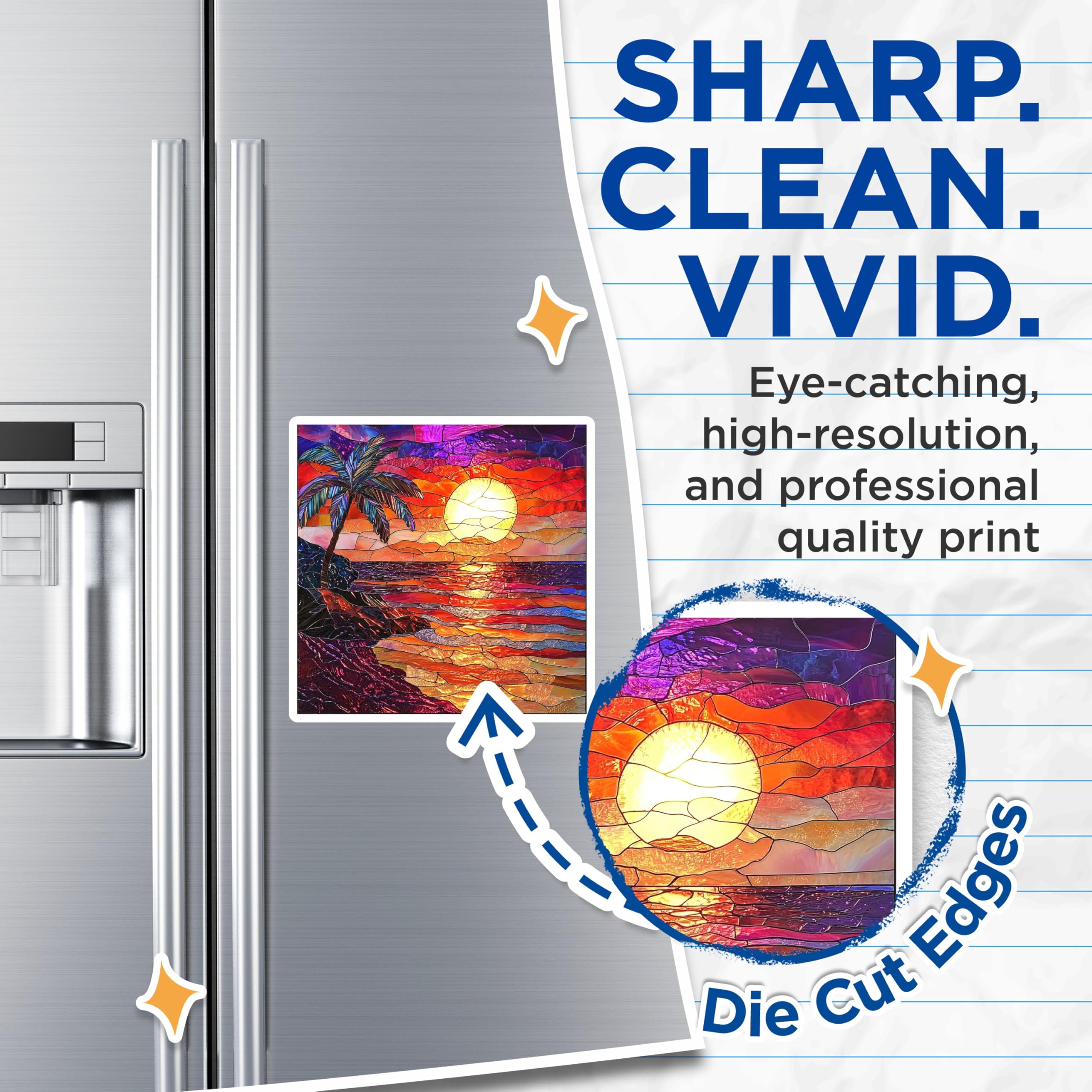 (2 Pack) Stained Glass Sunset Magnets - Tropical Ocean Palm Tree Art - Vibrant Beach Refrigerator Decor - 5 Inches On Longest Side - Thick Durable Magnet - Made in USA - MAG24548