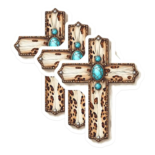 (3 Pack) Western Cross Decals - Turquoise Stone Cross - Leopard Print Stickers - 3 Inches On Longest Side - Easy Peel & Apply - Made in USA - 3MCS7504