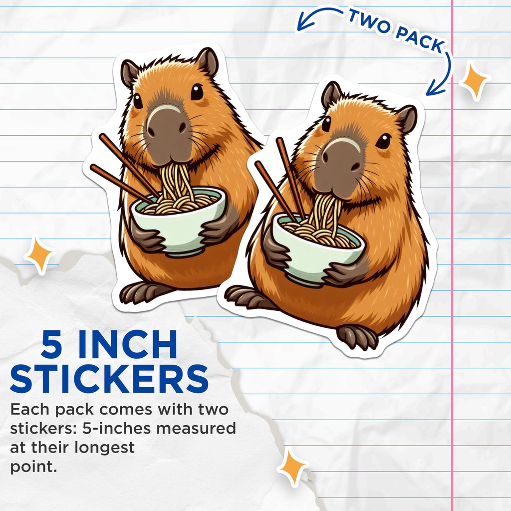 (2 Pack) Adorable Capybara Eating Noodles Stickers - Cute Animal Illustration - Fun Foodie Sticker - 5" On Longest Side - Sticks to Smooth Flat Surfaces - Made in USA - BMCS9901