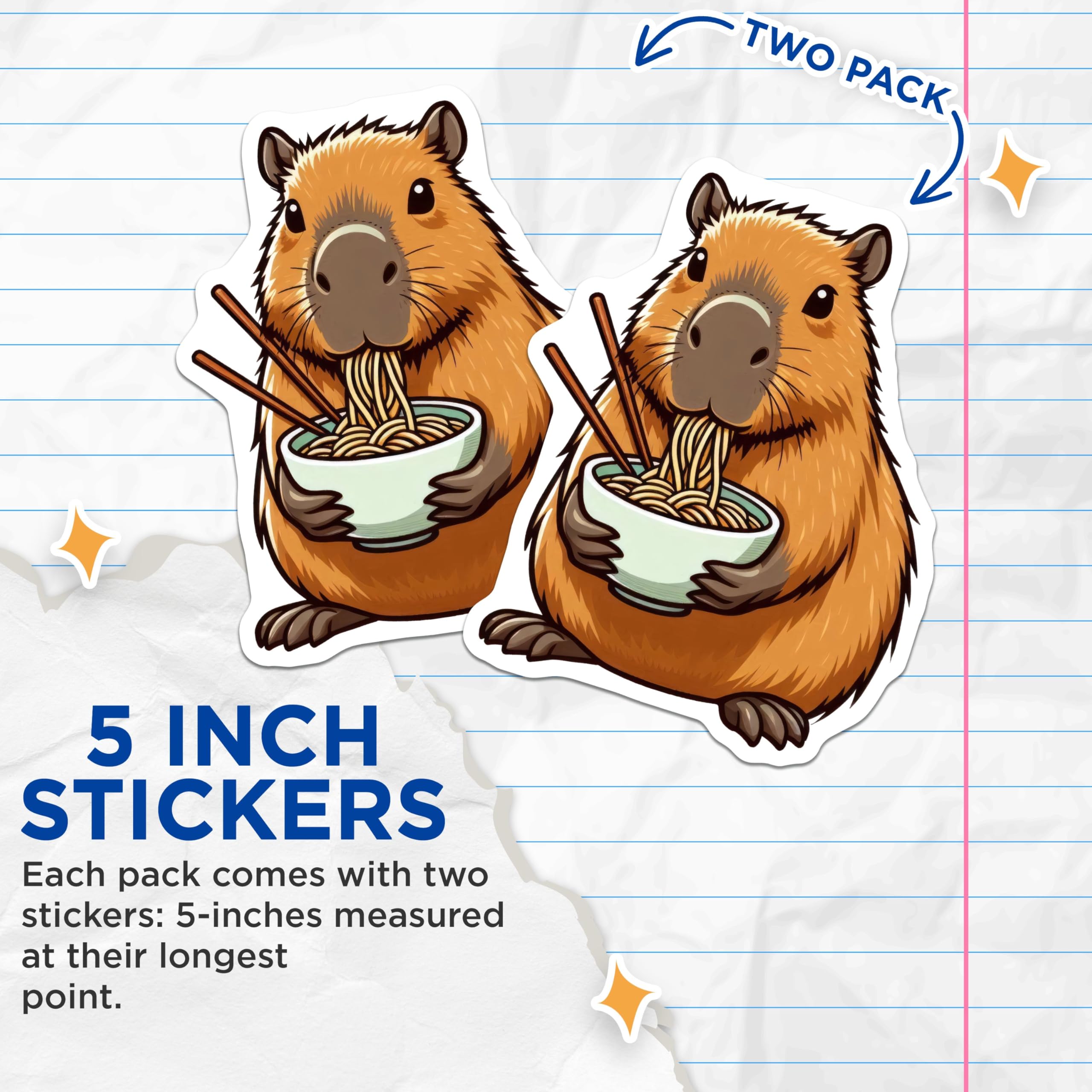 (2 Pack) Adorable Capybara Eating Noodles Stickers - Cute Animal Illustration - Fun Foodie Sticker - 5" On Longest Side - Sticks to Smooth Flat Surfaces - Made in USA - BMCS9901