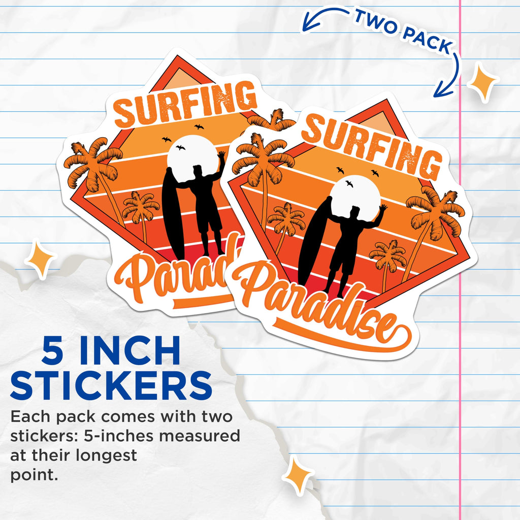 (2 Pack) Surfing Paradise Stickers - Retro Sunset - Beach Ocean Vacation - 5" On Longest Side - Sticks to Smooth Flat Surfaces - Made in USA - BMCS21452
