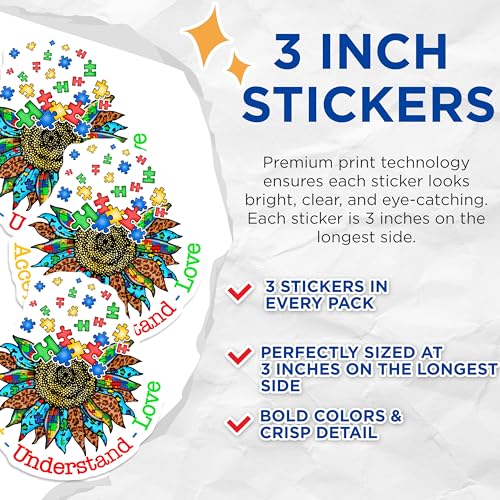 (3 Pack) Autism Awareness Decals - Puzzle Sunflower - Accept Love Understand - 3 Inches On Longest Side - Easy Peel & Apply - Made in USA - 3MCS7289