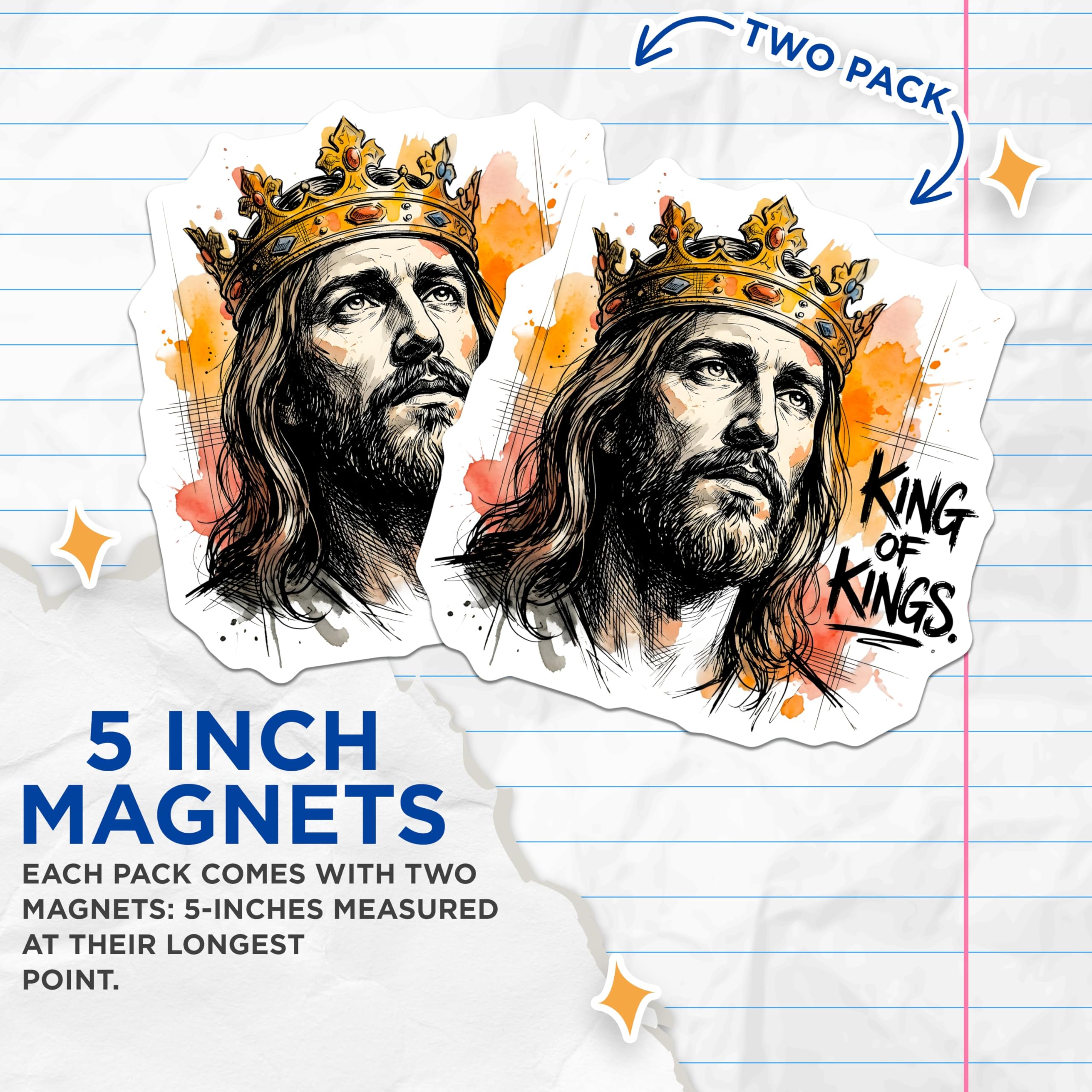 (2 Pack) King of Kings Magnets - Jesus Christ Artwork - Christian Faith Decor - Spiritual Message Display - 5 Inches On Longest Side - Thick Durable Magnet - Made in USA - MAG19843