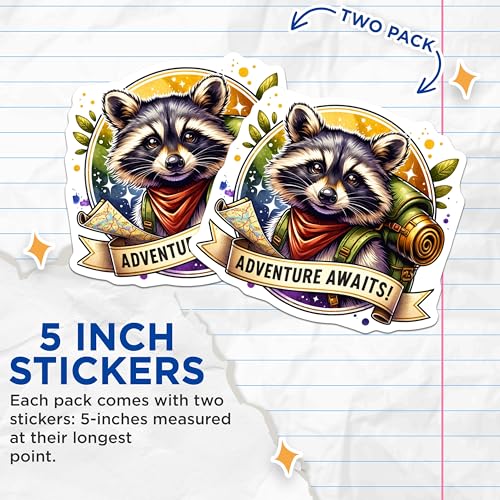 (2 Pack) Adventure Awaits Stickers - Raccoon Hiking Stickers - Nature Lover Stickers for Water Bottles and Laptops - 5" On Longest Side - Sticks to Smooth Flat Surfaces - Made in USA - BMCS4533