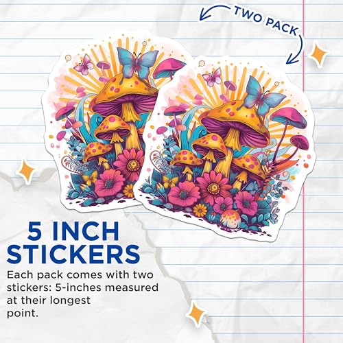 (2 Pack) Mushroom and Butterfly Stickers - Nature Inspired - Colorful and Whimsical Art - 5" On Longest Side - Sticks to Smooth Flat Surfaces - Made in USA - BMCS8873
