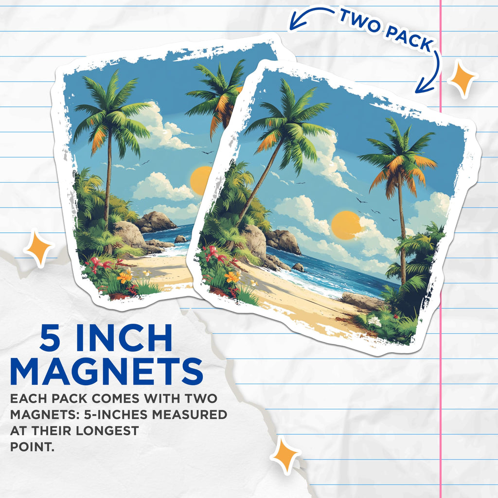 (2 Pack) Tropical Beach Paradise Magnets - Ocean Waves Palm Trees Sunset - Scenic Coastal Summer Aesthetic - 5 Inches On Longest Side - Thick Durable Magnet - Made in USA - MAG24559