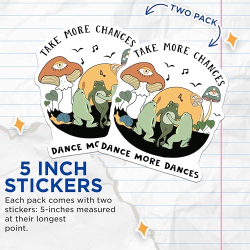 (2 Pack) Take More Chances Dance More Dances Stickers - Mushroom Frog Sticker - Inspirational Nature Sticker - 5" On Longest Side - Sticks to Smooth Flat Surfaces - Made in USA - BMCS5900