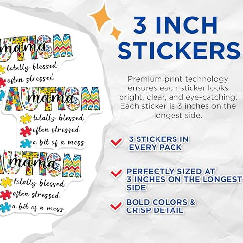 (3 Pack) Autism Mama Decals - Autistic Support - Special Needs Mom Decals - 3 Inches On Longest Side - Easy Peel & Apply - Made in USA - 3MCS7286