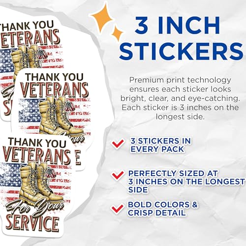 (3 Pack) Veteran Decals - Thank You Veterans - Military Boots - American Flag Decals - 3 Inches On Longest Side - Easy Peel & Apply - Made in USA - 3MCS1067