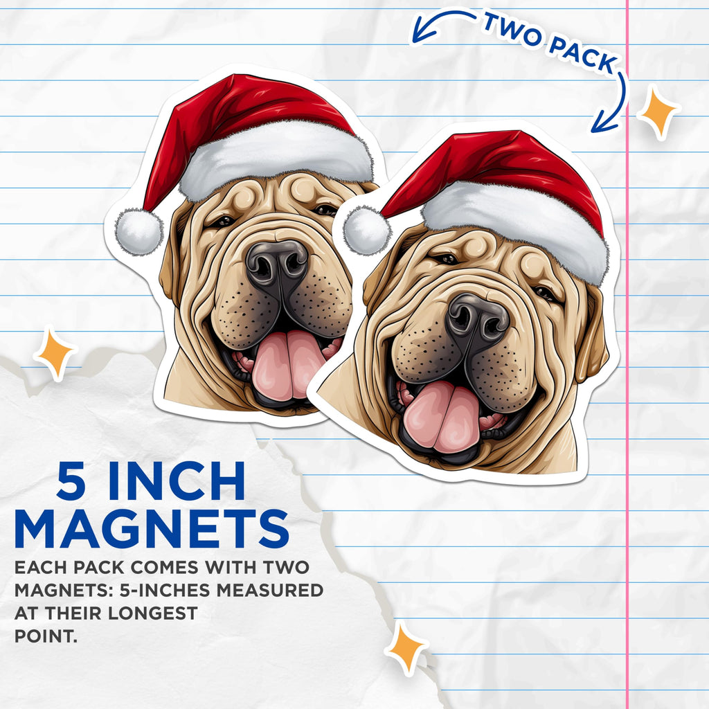 (2 Pack) Shar Pei Santa Hat Christmas Dog Magnets - Holiday Pet Refrigerator Accent - Animal Lover Home Decoration - 5 Inches On Longest Side - Thick Durable Magnet - Made in USA - MAG24460