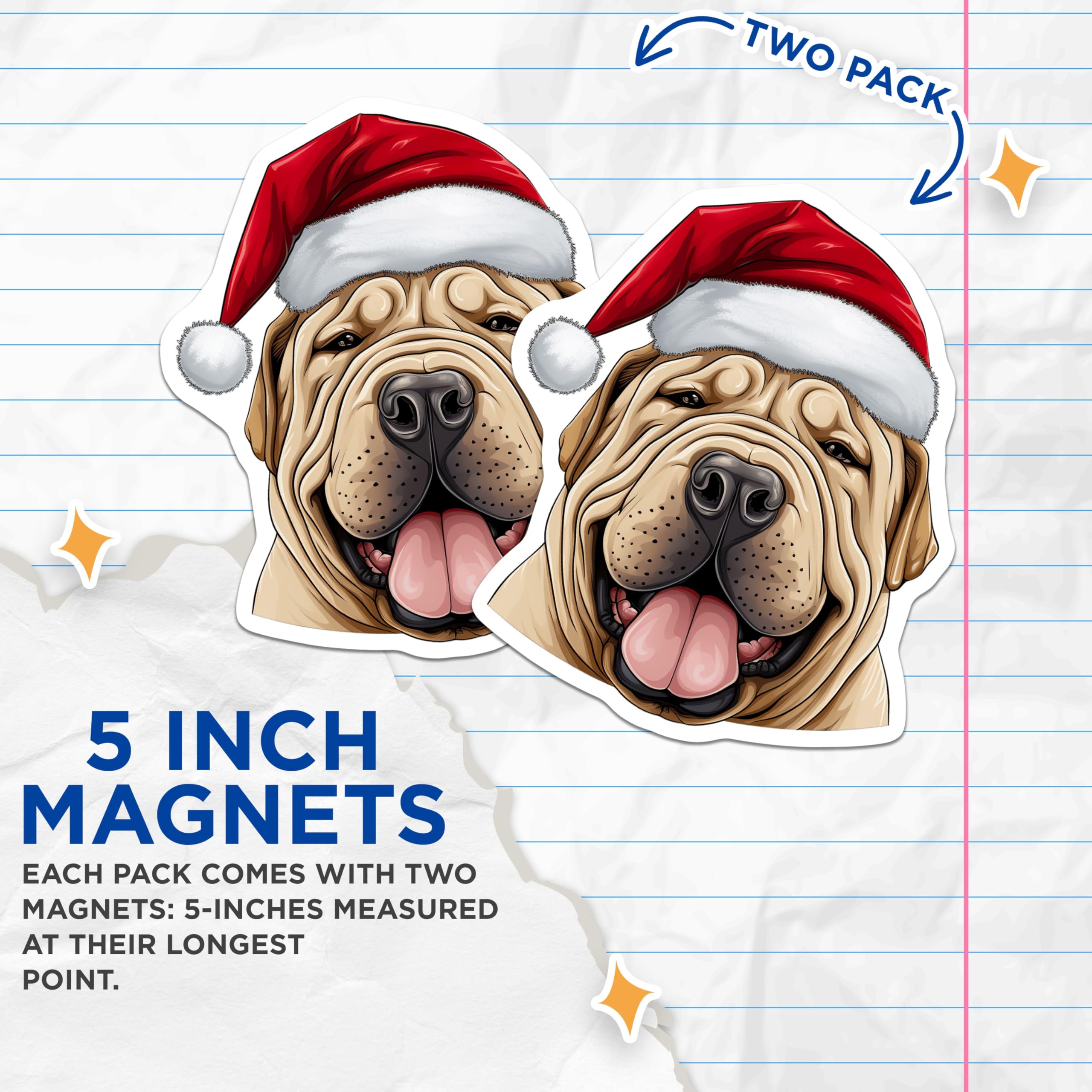 (2 Pack) Shar Pei Santa Hat Christmas Dog Magnets - Holiday Pet Refrigerator Accent - Animal Lover Home Decoration - 5 Inches On Longest Side - Thick Durable Magnet - Made in USA - MAG24460