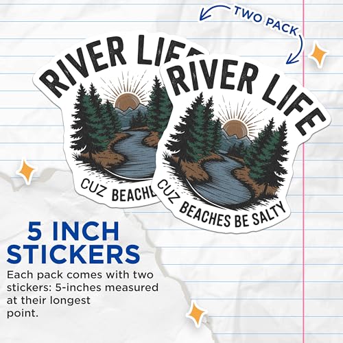 (2 Pack) River Life Stickers - Nature Adventure - Outdoor Enthusiast Decal - 5" On Longest Side - Sticks to Smooth Flat Surfaces - Made in USA - BMCS9178