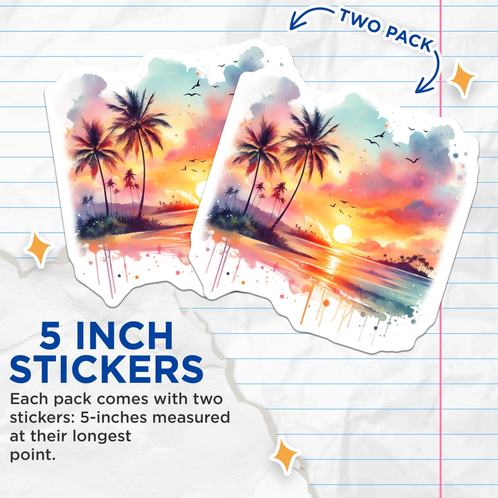 (2 Pack) Tropical Sunset Stickers - Palm Tree Beach - Watercolor Decals - 5" On Longest Side - Sticks to Smooth Flat Surfaces - Made in USA - BMCS14629