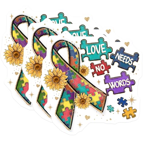 (3 Pack) Autism Awareness Decals - Puzzle Ribbon - Sunflower Laptop Decal - 3 Inches On Longest Side - Easy Peel & Apply - Made in USA - 3MCS2928