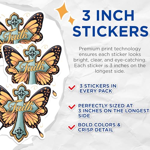 (3 Pack) Faith Cross Decals - Butterfly Wings Religious Decal - Laptop Decal - 3 Inches On Longest Side - Easy Peel & Apply - Made in USA - 3MCS7506