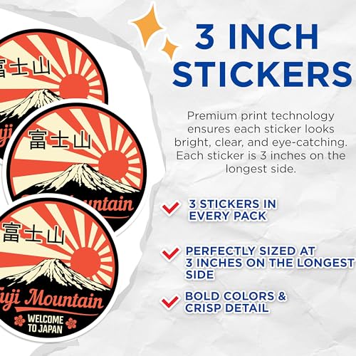 (3 Pack) Fuji Mountain Decals - Japanese Travel - Welcome to Japan - 3 Inches On Longest Side - Easy Peel & Apply - Made in USA - 3MCS4843