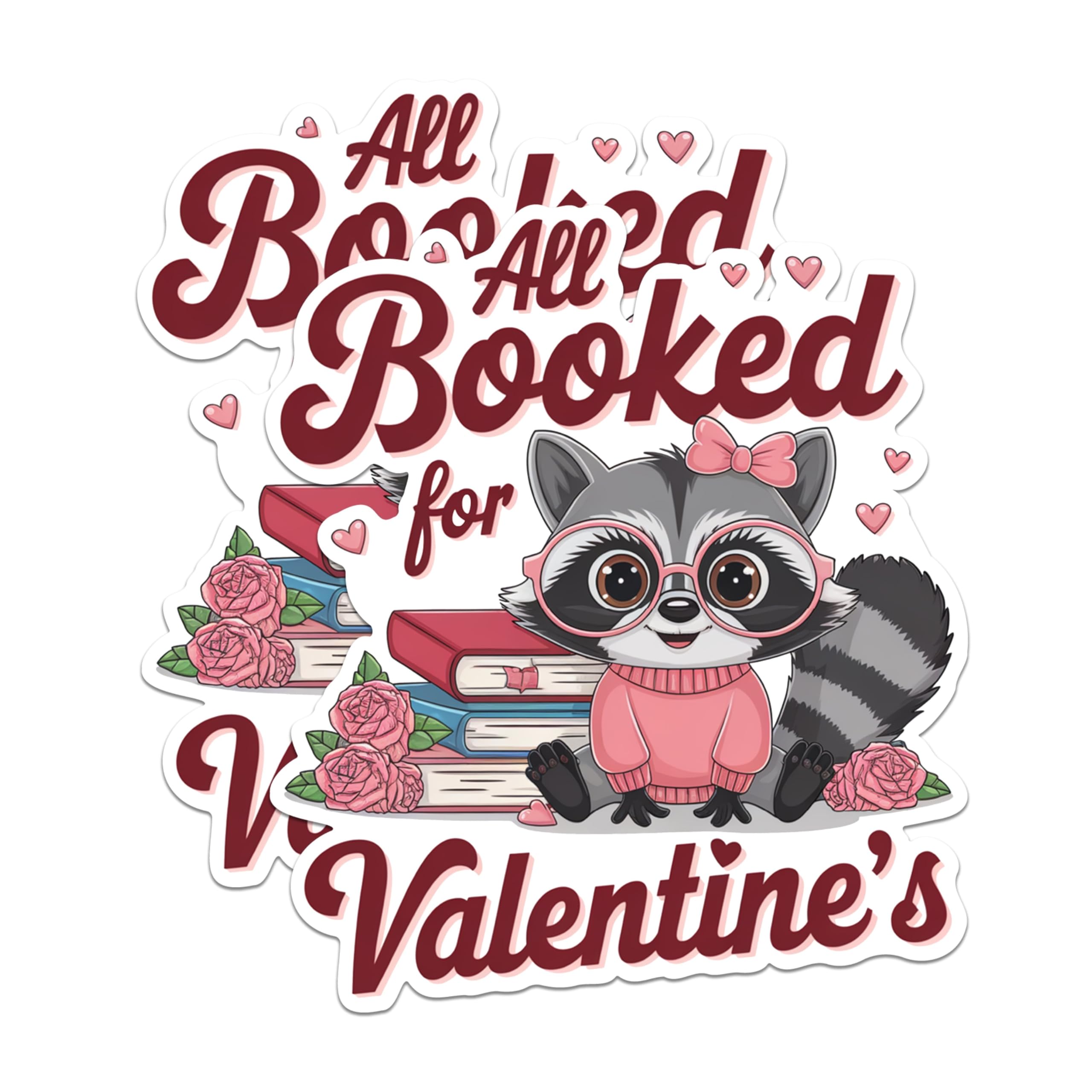 (2 Pack) All Booked for Valentines Stickers - Cute Raccoon Stickers - Valentine's Day Stickers - Book Lover Stickers - 5" On Longest Side - Sticks to Any Smooth Flat Surface - Made in USA - BMCS2846