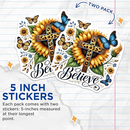 (2 Pack) Believe Sunflower Cross Stickers - Inspirational Floral - Motivational Butterfly - 5" On Longest Side - Sticks to Smooth Flat Surfaces - Made in USA - BMCS7880