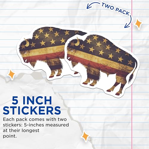 (2 Pack) American Buffalo Stickers - Patriotic Animal Decals - Vintage USA Bison - 5" On Longest Side - Sticks to Smooth Flat Surfaces - Made in USA - BMCS9568