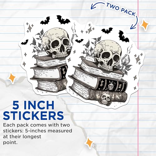 (2 Pack) Gothic Skull Book Stickers - Vintage Macabre - Halloween Theme - 5" On Longest Side - Sticks to Smooth Flat Surfaces - Made in USA - BMCS6101