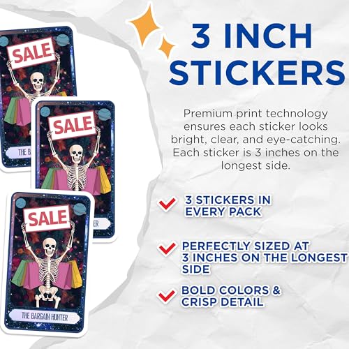 (3 Pack) Skeleton Shopping Decals - Bargain Hunter Decals - Sale Sign Stickers - 3 Inches On Longest Side - Easy Peel & Apply - Made in USA - 3MCS8757