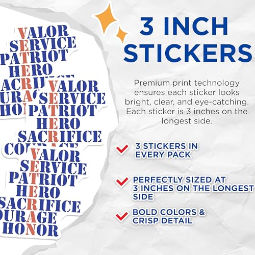 (3 Pack) Military Valor Decals - Patriotic Hero Stickers - Service Honor Decals - 3 Inches On Longest Side - Easy Peel & Apply - Made in USA - 3MCS4305