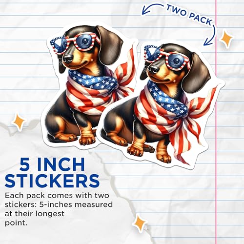 (2 Pack) Cute Dachshund Dog Stickers - Patriotic Dog Stickers - American Flag Dog Stickers - 5" On Longest Side - Sticks to Smooth Flat Surfaces - Made in USA - BMCS6480