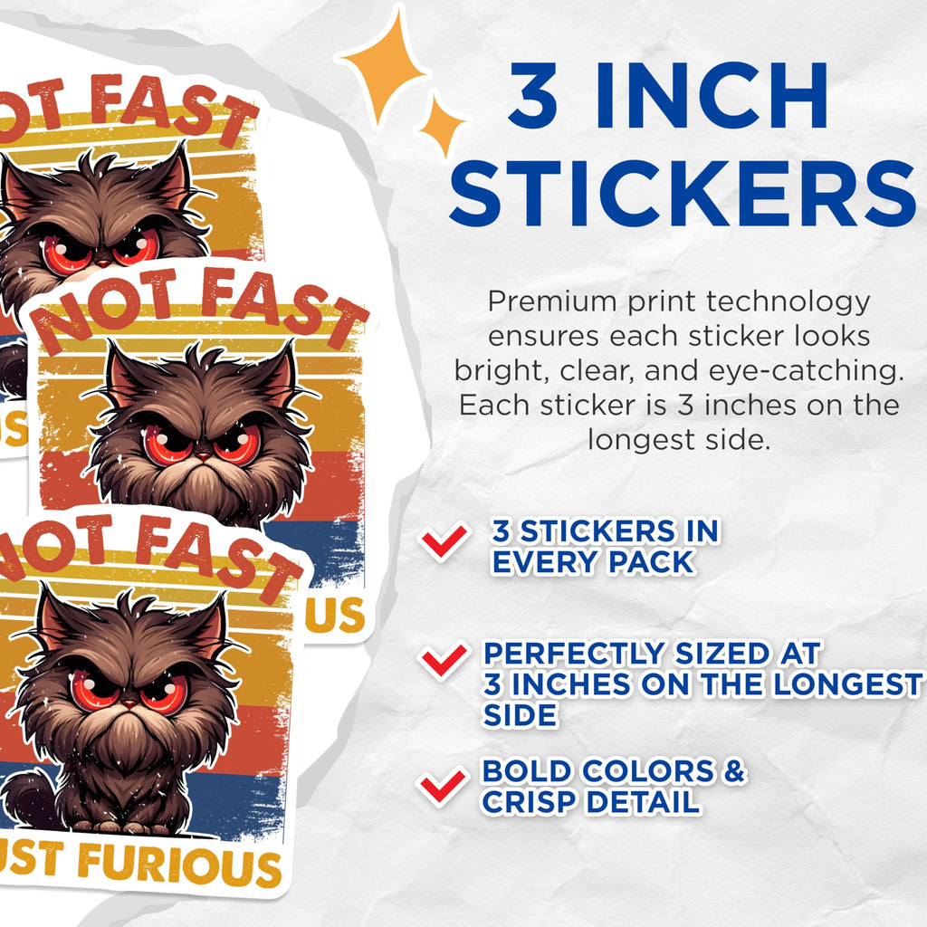 (3 Pack) Grumpy Cat Decals - Not Fast Just Furious - Laptop Decals - 3 Inches On Longest Side - Easy Peel & Apply - Made in USA - 3MCS6106