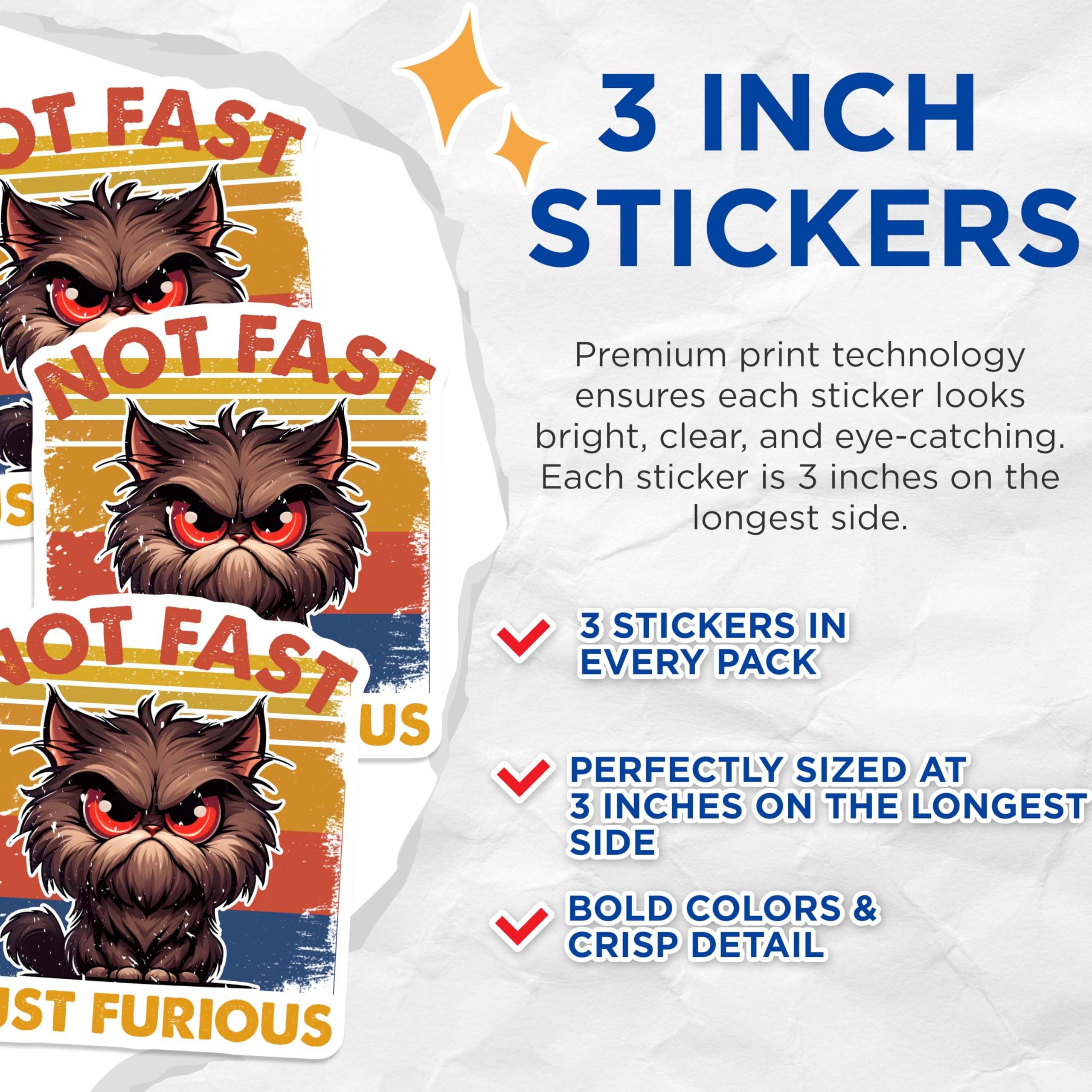 (3 Pack) Grumpy Cat Decals - Not Fast Just Furious - Laptop Decals - 3 Inches On Longest Side - Easy Peel & Apply - Made in USA - 3MCS6106