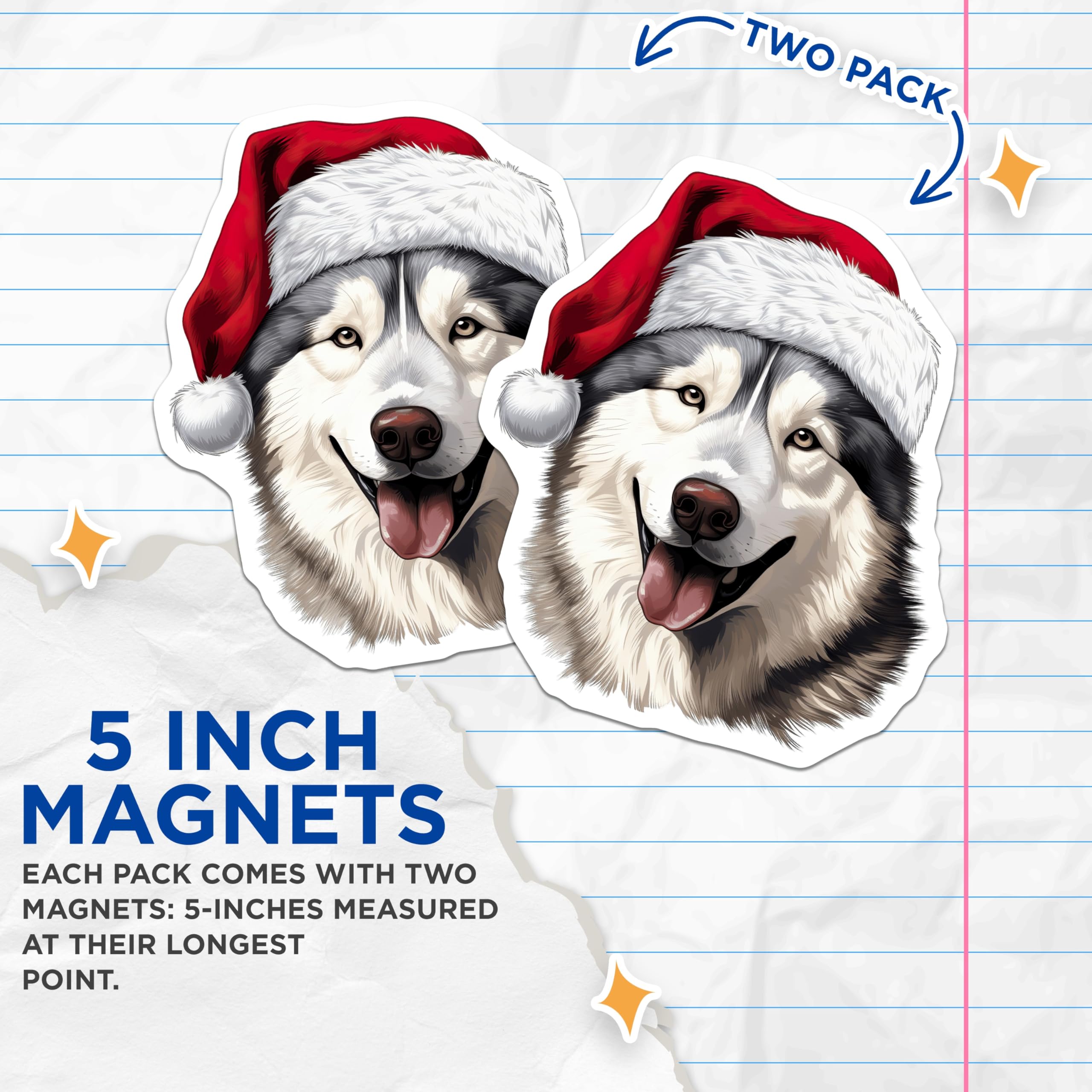(2 Pack) Christmas Husky Magnets - Santa Dog Lover Decor - Xmas Stocking Stuffer - 5 Inches On Longest Side - Thick Durable Magnet - Made in USA - MAG26608