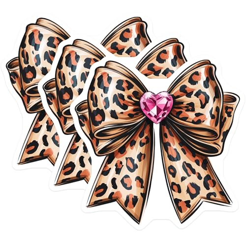 (3 Pack) Leopard Bow Decals - Pink Heart Jewel - Cute Laptop Decals - 3 Inches On Longest Side - Easy Peel & Apply - Made in USA - 3MCS4668