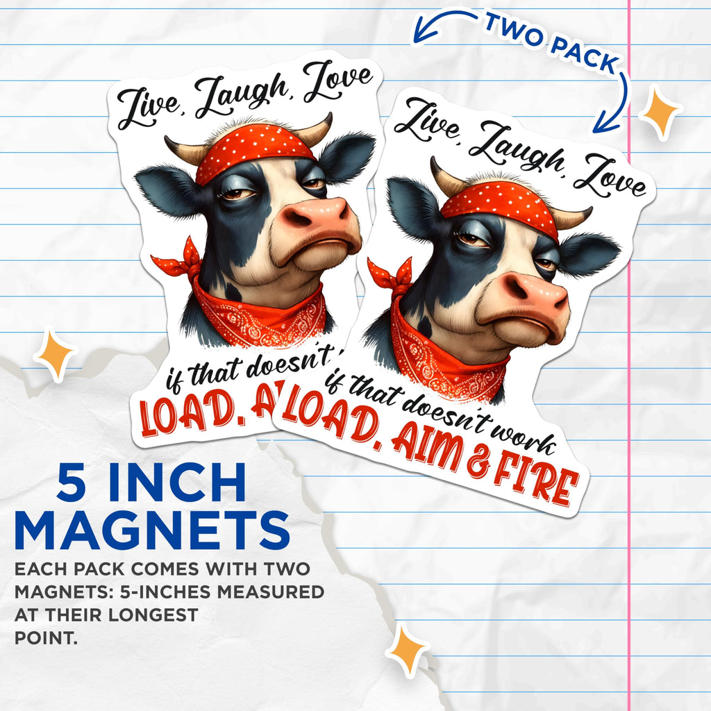 (2 Pack) Cow Magnets - Funny Bandana Cow Art - Live Laugh Love Fridge Magnets - 5" On Longest Side - Premium Magnet - for Cars, Refrigerators, Toolboxes, Lockers - Made in USA - MAG16589