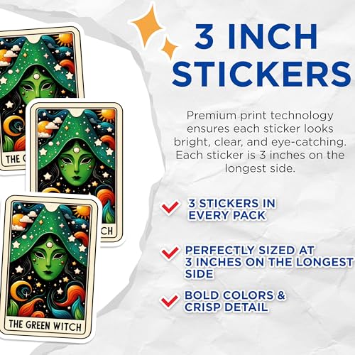 (3 Pack) Green Witch Decals - Tarot Card Sticker - Laptop Decal - 3 Inches On Longest Side - Easy Peel & Apply - Made in USA - 3MCS4189