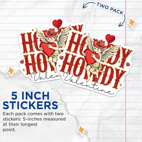 (2 Pack) Howdy Howdy Valentine Stickers - Cute Cupid Stickers - Romantic Heart Stickers - 5" On Longest Side - Sticks to Any Smooth Flat Surface - Made in USA - BMCS3495