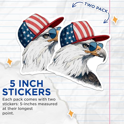 (2 Pack) Patriotic Eagle Stickers - American Flag Hat - Bald Eagle Decal - 5" On Longest Side - Sticks to Smooth Flat Surfaces - Made in USA - BMCS5732