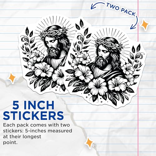 (2 Pack) Jesus Christ Floral Stickers - Religious Art - Faith Stickers - Inspirational Christian Decals - 5" On Longest Side - Sticks to Smooth Flat Surfaces - Made in USA - BMCS7316
