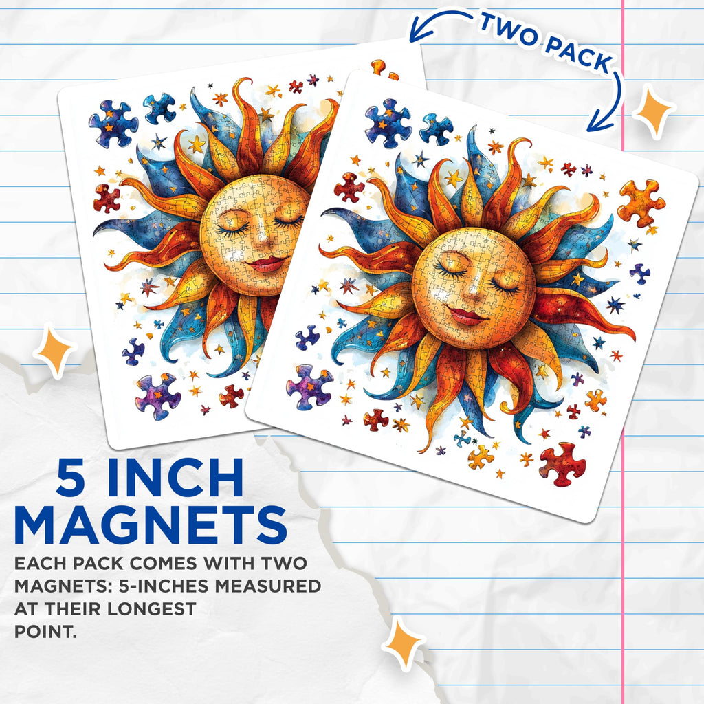 (2 Pack) Puzzle Sun Magnets - Whimsical Celestial Decor - Artistic Bohemian Refrigerator Locker Accessories - 5 Inches On Longest Side - Thick Durable Magnet - Made in USA - MAG30135