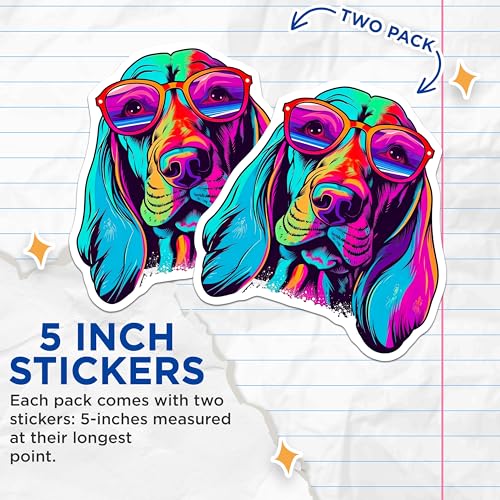 (2 Pack) Rainbow Dog Stickers - Colorful Dog Decal - Bright Canine Art Stickers - 5" On Longest Side - Sticks to Smooth Flat Surfaces - Made in USA - BMCS7241