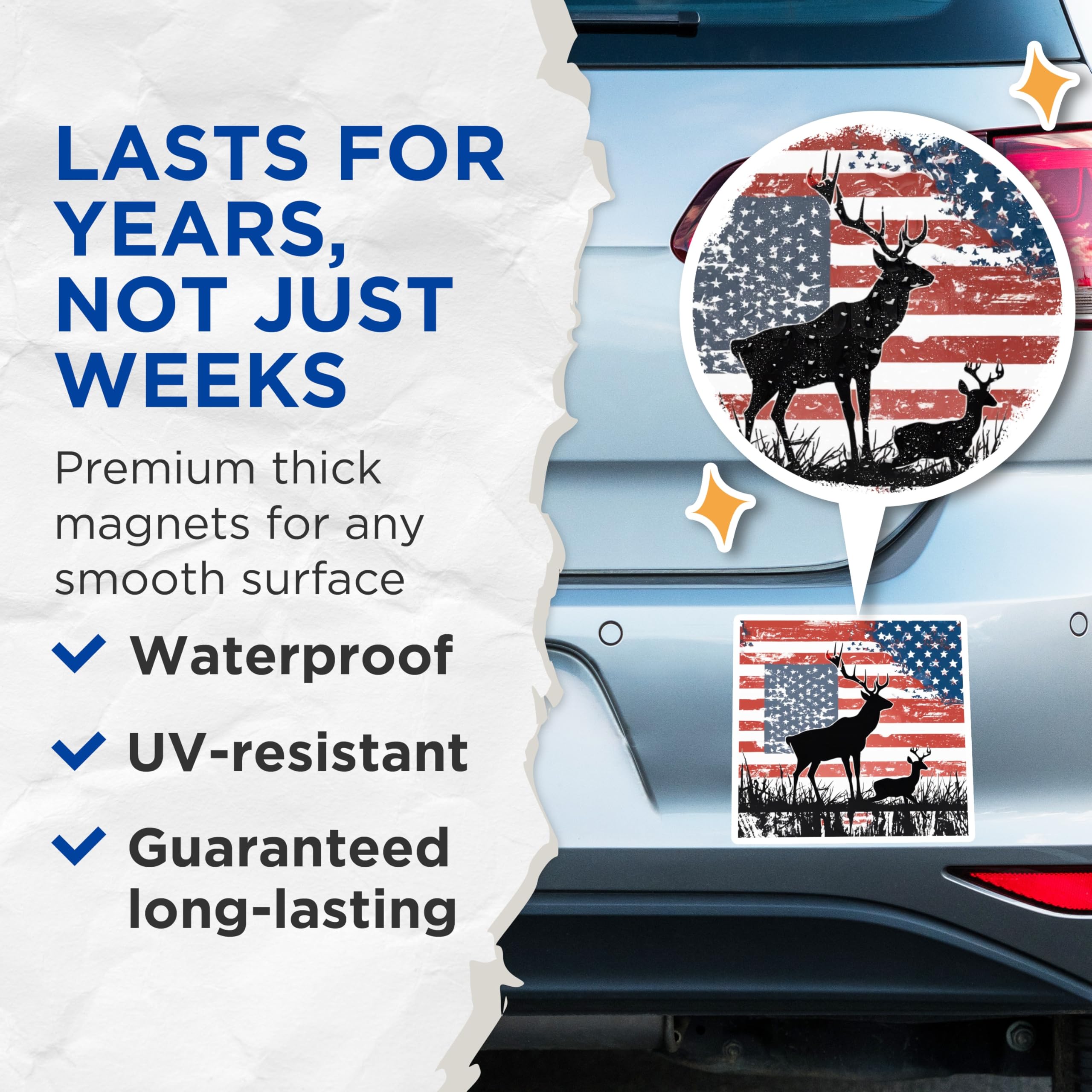 (2 Pack) American Flag Deer Magnets - Patriotic Wildlife Decor - Hunter Vehicle Magnets - Country Refrigerator Accents - 5 Inches On Longest Side - Thick Durable Magnet - Made in USA - MAG20002
