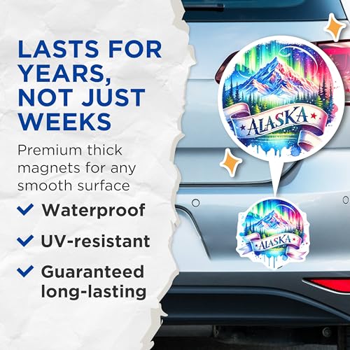 (2 Pack) Alaska Magnets - Northern Lights - Scenic Mountain Landscape Art - Alaskan Souvenirs - Travel Collectibles - 5" On Longest Side - for Cars, Fridges, Toolboxes - Made in USA - MAG7213