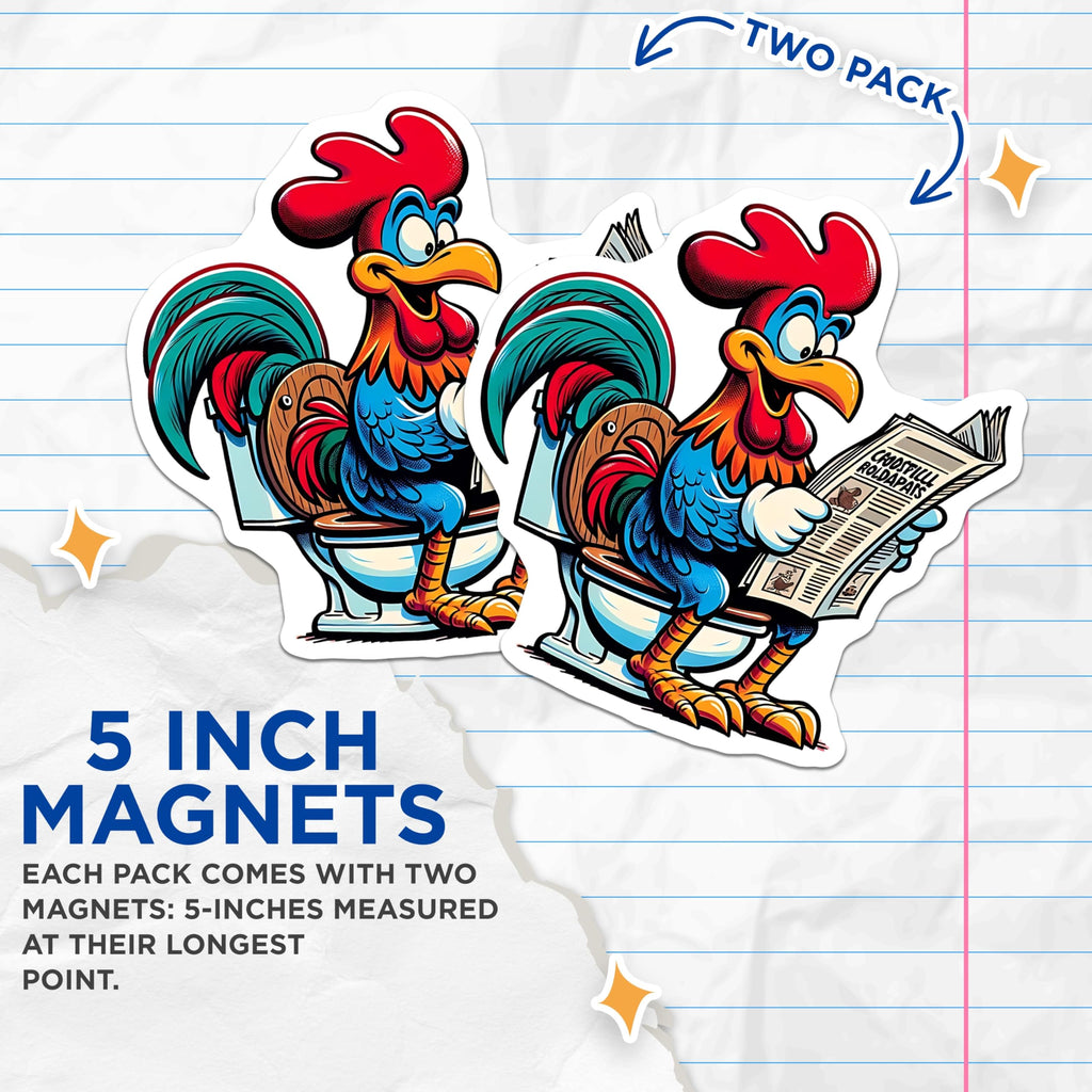 (2 Pack) Rooster Magnets - Funny Chicken Art - Quirky Bathroom Decor - 5" On Longest Side - Premium Magnet - for Cars, Refrigerators, Toolboxes, Lockers - Made in USA - MAG14950