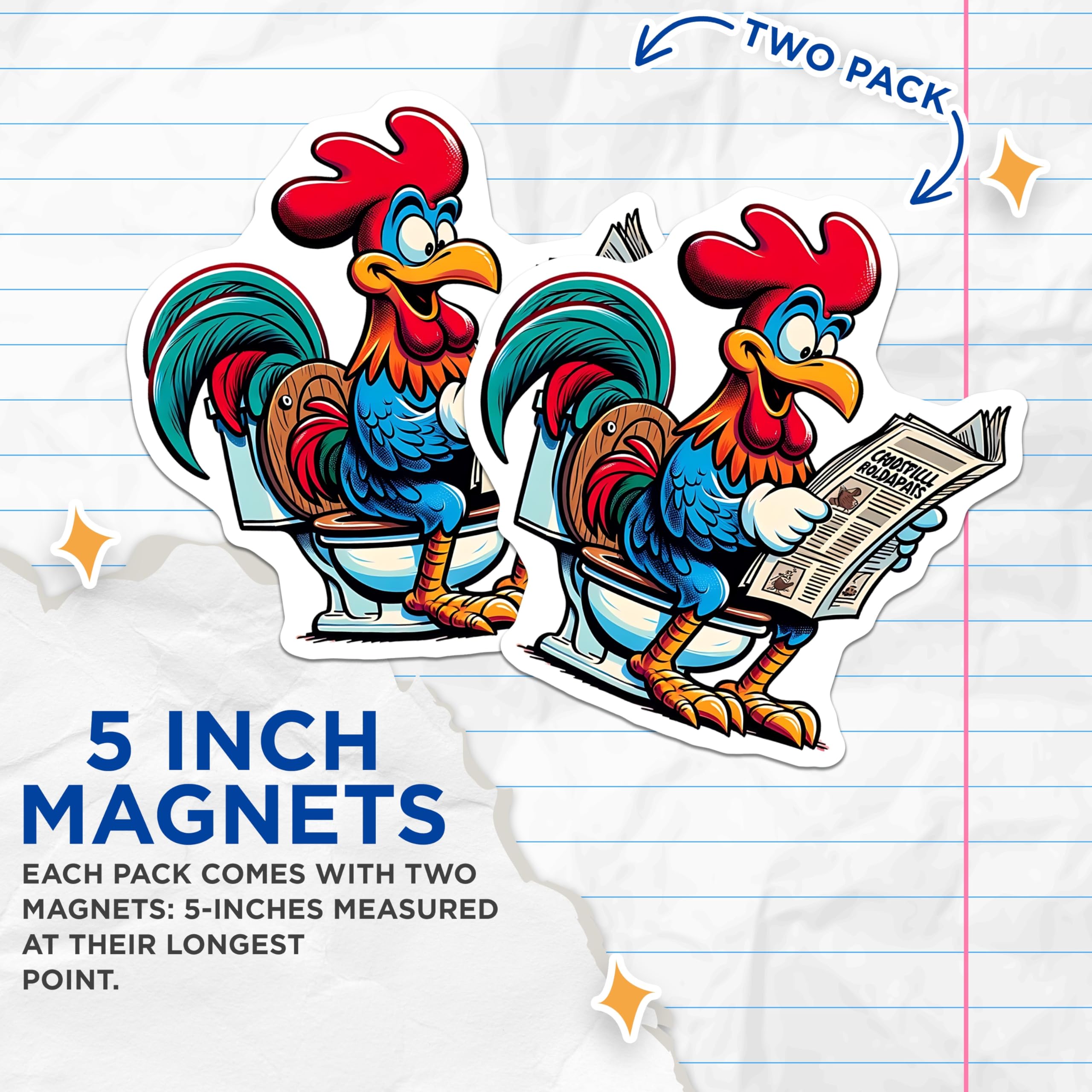 (2 Pack) Rooster Magnets - Funny Chicken Art - Quirky Bathroom Decor - 5" On Longest Side - Premium Magnet - for Cars, Refrigerators, Toolboxes, Lockers - Made in USA - MAG14950