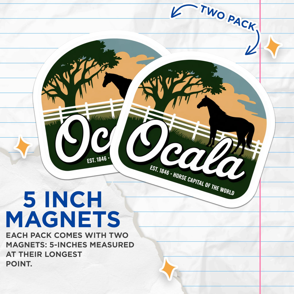 (2 Pack) Ocala Florida Magnets - Horse Capital - Travel Souvenir Home Decor - 5" On Longest Side - Premium Magnet - for Cars, Refrigerators, Toolboxes, Lockers - Made in USA - MAG18874