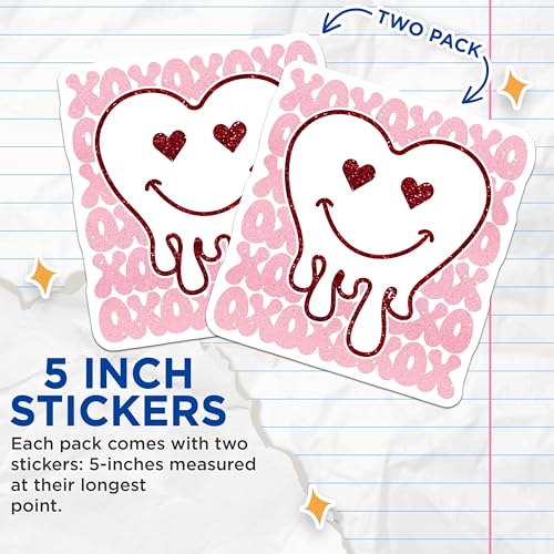 (2 Pack) Heart Smile Stickers - Love Emoticon Stickers - Cute Valentine's Day Stickers - 5" On Longest Side - Sticks to Any Smooth Flat Surface - Made in USA - BMCS3476