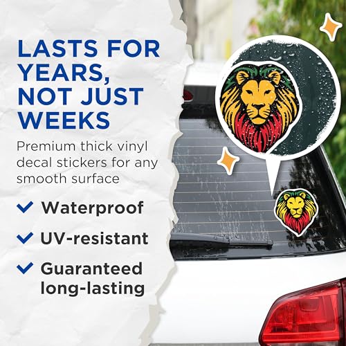 (2 Pack) Lion Head Stickers - Rasta Lion Design - Reggae Lion King Decal - 5" On Longest Side - Sticks to Smooth Flat Surfaces - Made in USA - BMCS6224