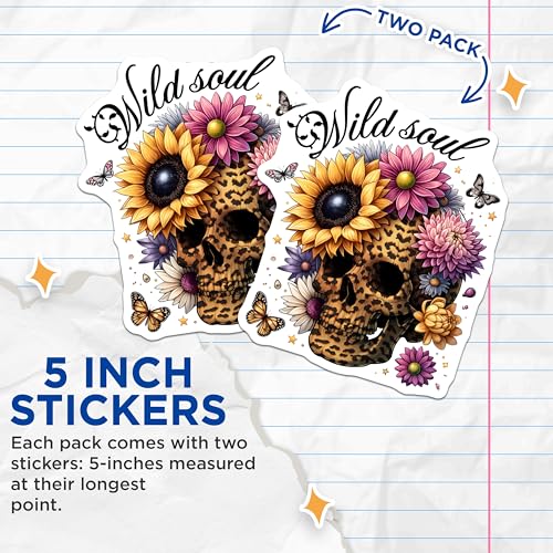 (2 Pack) Wild Soul Skull Stickers - Floral Skull Art - Flower Design - 5" On Longest Side - Sticks to Smooth Flat Surfaces - Made in USA - BMCS7378