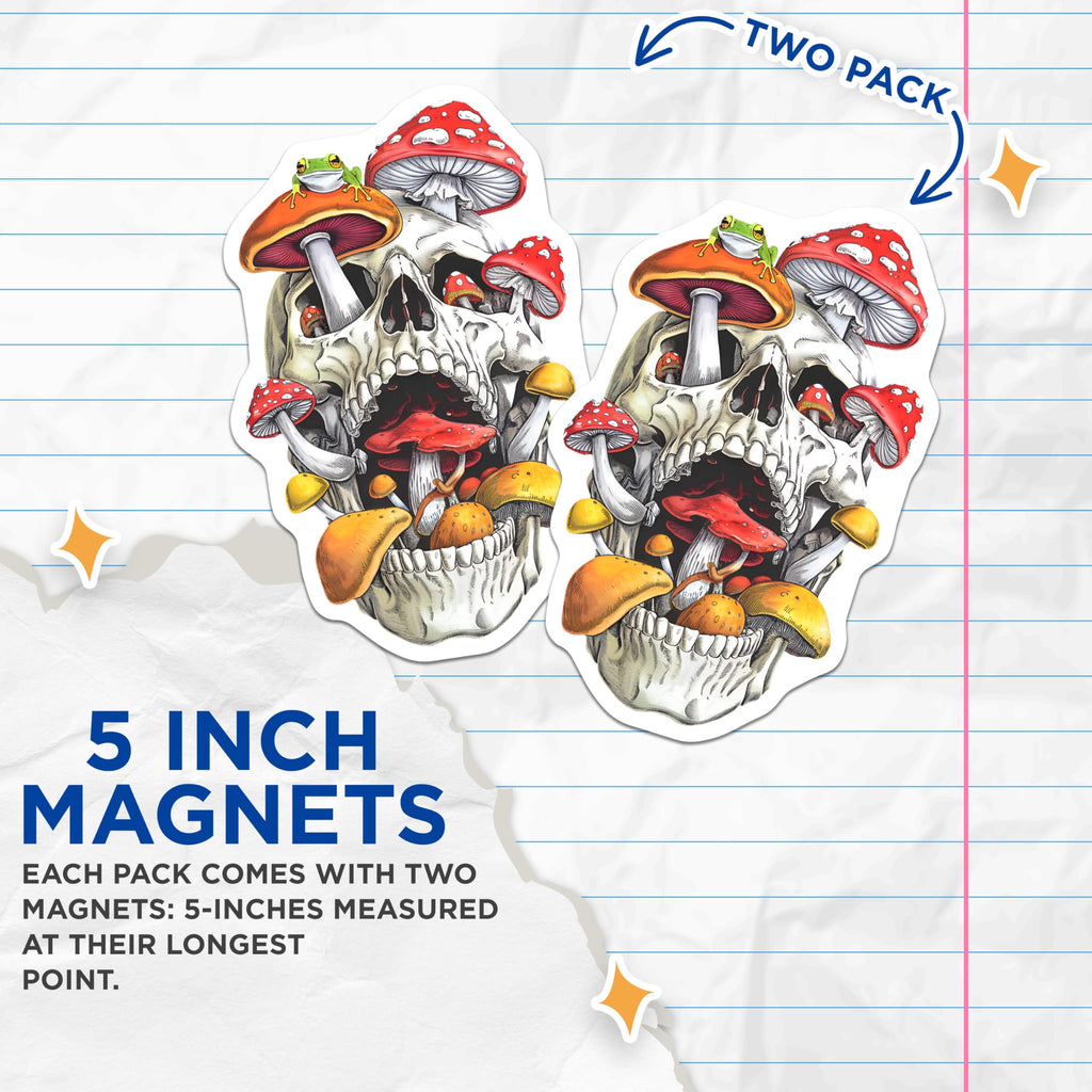 (2 Pack) Mystical Skull Mushroom Frog Magnets - Dark Forest Gothic Art - Whimsical Nature Aesthetic Refrigerator Decor - 5 Inches On Longest Side - Thick Durable Magnet - Made in USA - MAG23169