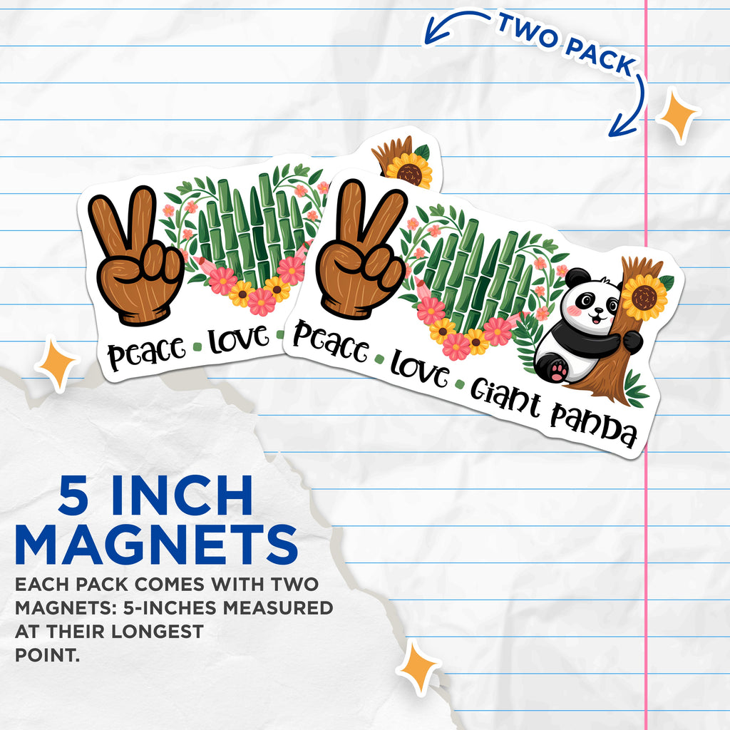 (2 Pack) Peace Love Giant Panda Magnets - Cute Animal Fridge Decor - Whimsical Nature Theme - 5 Inches On Longest Side - Thick Durable Magnet - Made in USA - MAG39764