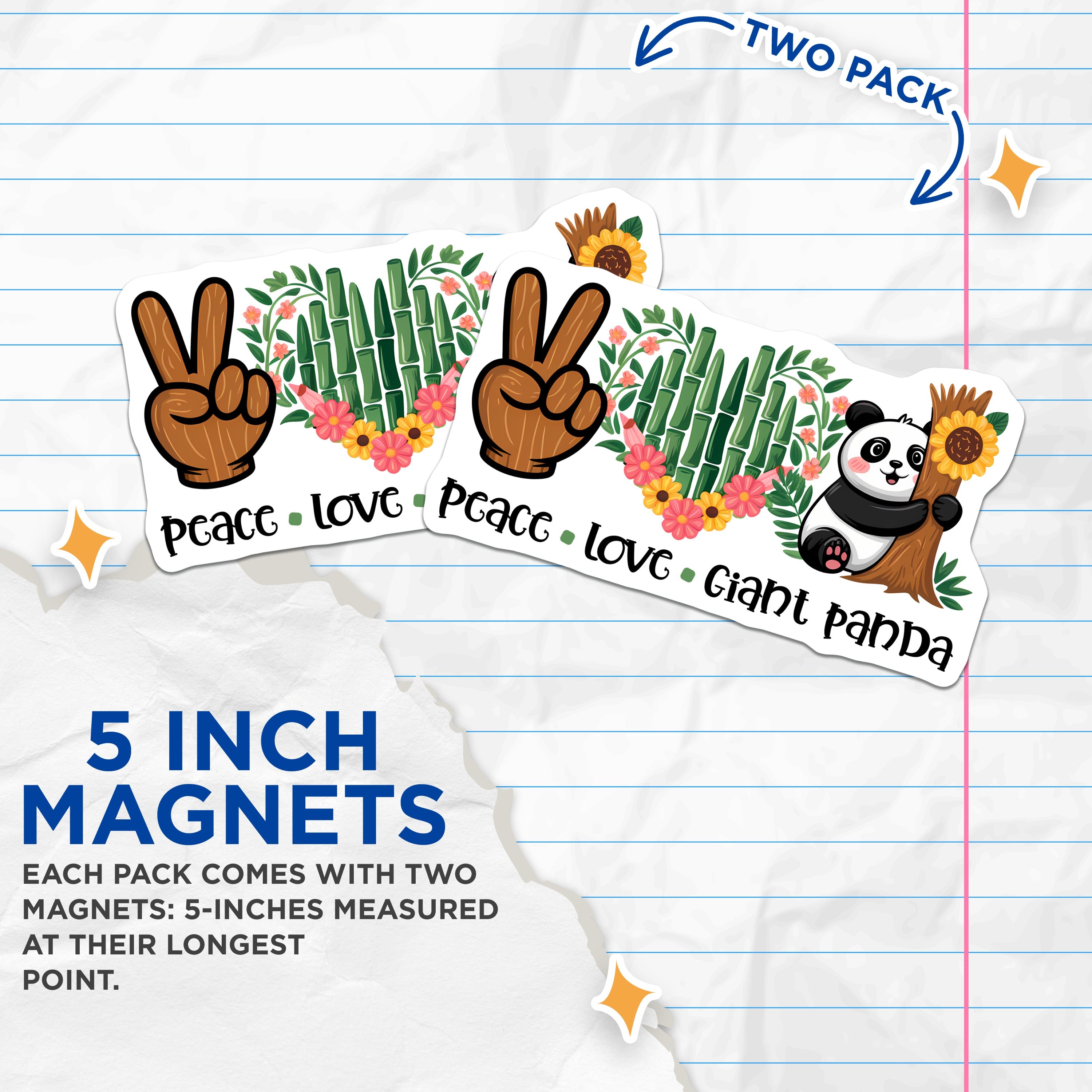 (2 Pack) Peace Love Giant Panda Magnets - Cute Animal Fridge Decor - Whimsical Nature Theme - 5 Inches On Longest Side - Thick Durable Magnet - Made in USA - MAG39764