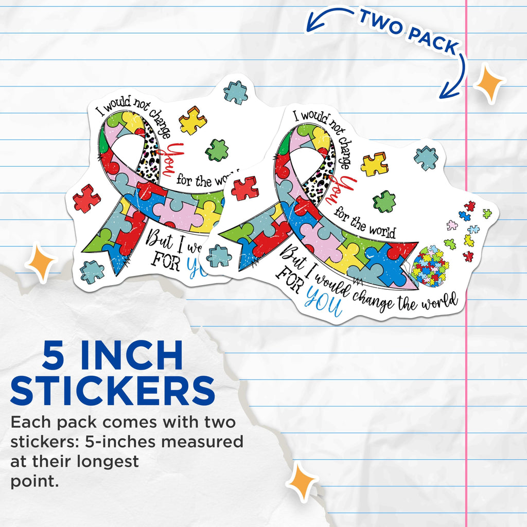 (2 Pack) Autism Awareness Stickers - Inspirational Quote - Puzzle Piece Ribbon Clipart - 5" On Longest Side - Sticks to Smooth Flat Surfaces - Made in USA - BMCS8899